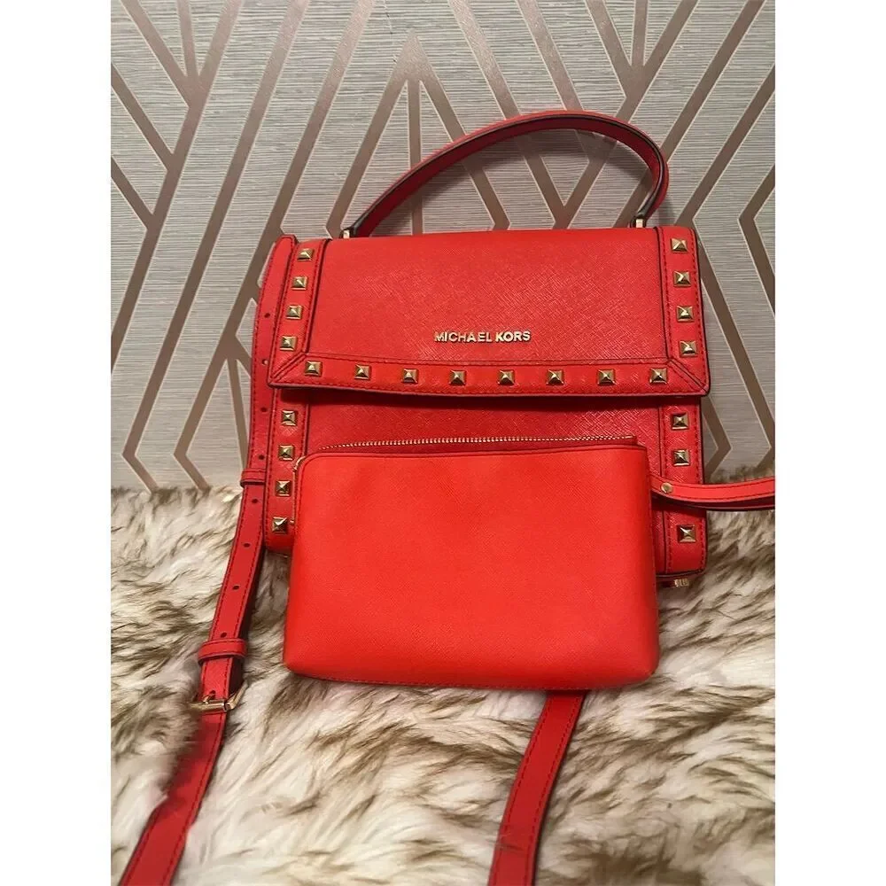 Michael Kors Dillon Red Leather Crossbody Messenger Bag Studded Medium W… - Picture 6 of 6